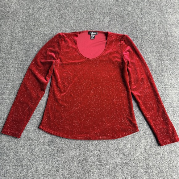 Willi Smith Tops - Vintage Red Velvet Long Sleeve Scoop Neck Top Glitter Swirls Women's Size Lg